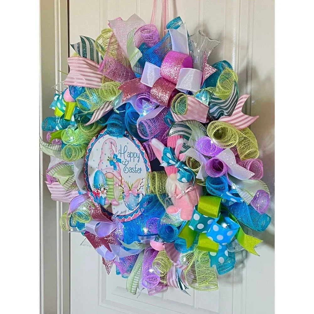 Handmade Easter Girl Bunny Gnome Prelit Ribbon Wreath 22 in LED W8